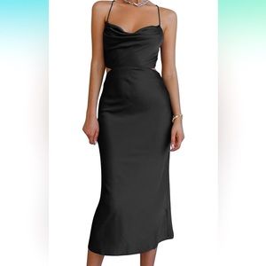 Brand new black satin crisscross open back midi dress